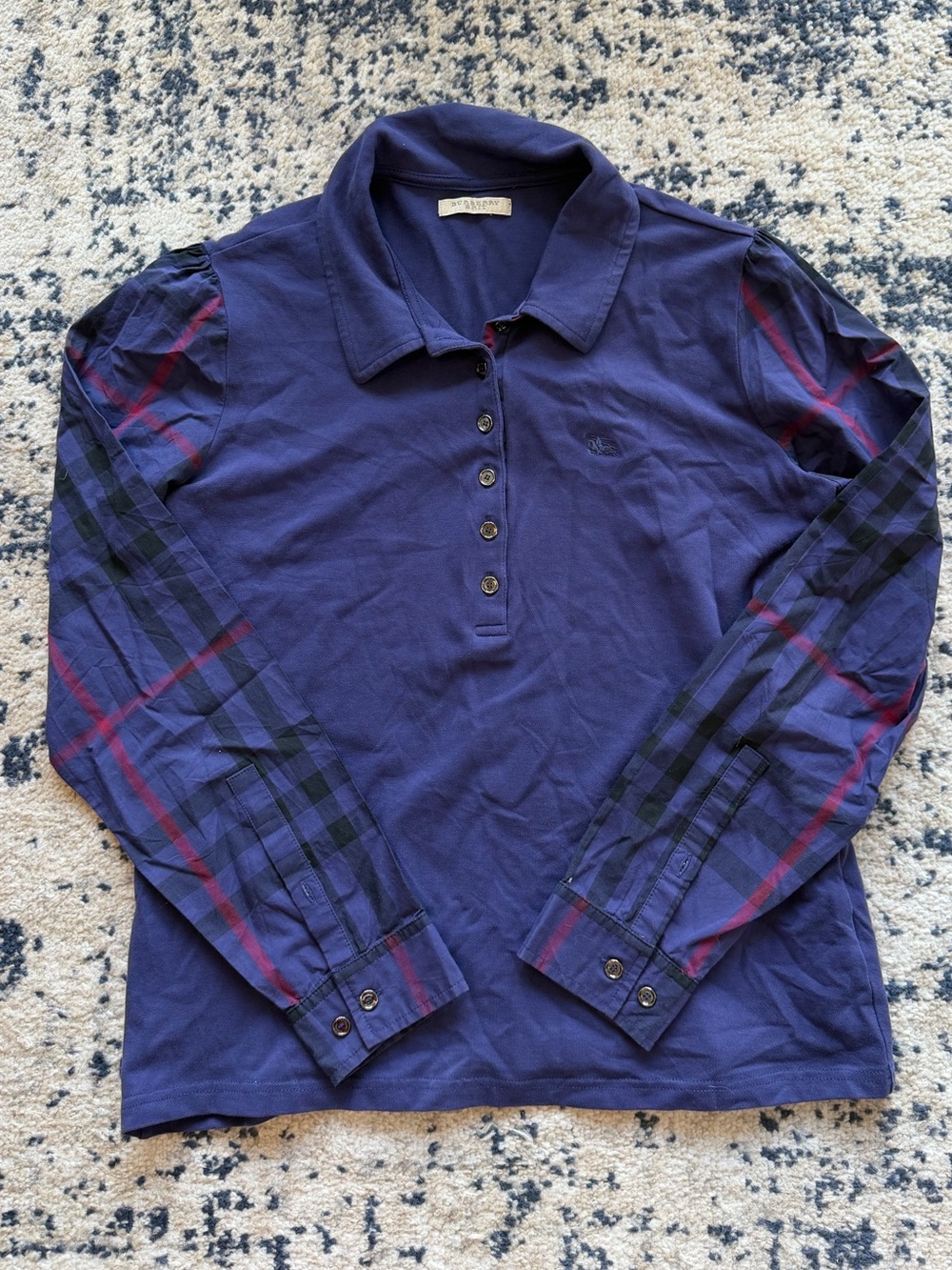 Burberry Brit Purple Long sleeve Polo with Plaid Sleeve Accents